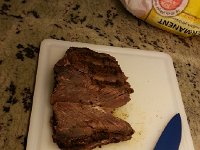 20150114 185841  14 Jan - testing my homemade pastrami, which is not half bad!