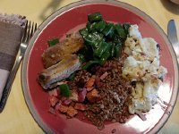 20160426 194800  Ribs, beans, roast roots, cauliflower gratinée and spelt