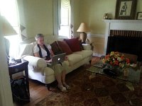 20160526 114833  Christine working in the salong at Mark and Ana Maria&#39;s house