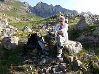 20170627 081117  after a nice ride up to Camp des Fourches, Christine boots up