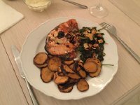 IMG 5402  Maggie prepared salmon, spinach with slivered almonds and sweet potato chips for dinner