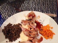 Main course: quail, potatoes, lentils and carrots