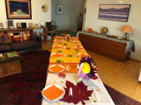 three tables in a row, diagonally in the salon