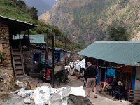 Trekkers in a neighboring lodge as a pack train arrives