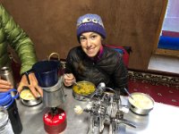 Back at the tea house, there's noodle soup and espresso for breakfast