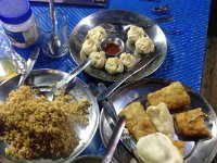 Dinner: momos, spring rolls, fried rices and thenthuk, the local vegetable noodle soup