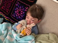 Little Liam under the weather at home but with his stuffies