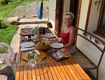 11 July Savoie w Monica, Back to Montreux, Robin on Balcony