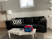 A living room with a couch on which Vivianne will sleep