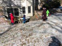 Down to the picnic table at the basement level of the house to open up the eggs and examine the loot